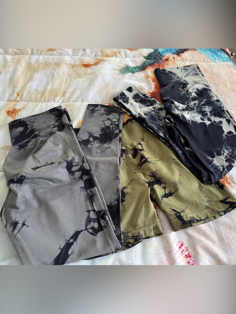 Tie-Dye “Tik Tok” Active Leggings/short Set in Olive, Black & Gray